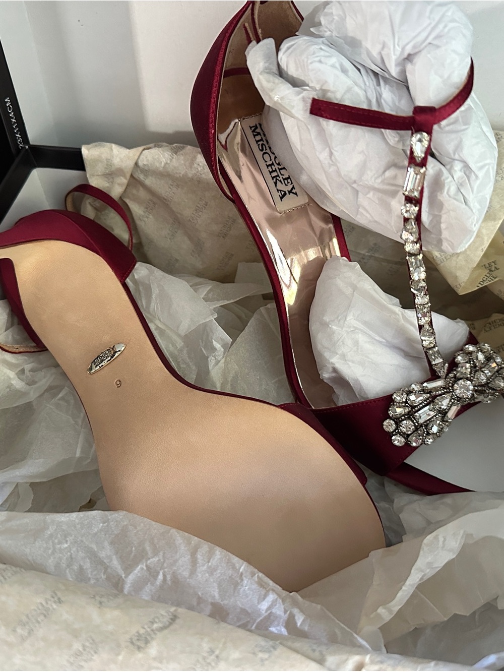 Badgley Mischka Pascale Cabernet Satin T-Strap Crystal Evening Sandal - Picture 5 of 6